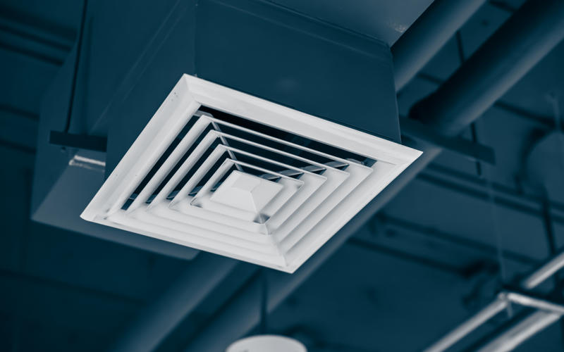 square air conditioning in office. air duct pipe hole grill for wind flow spreader