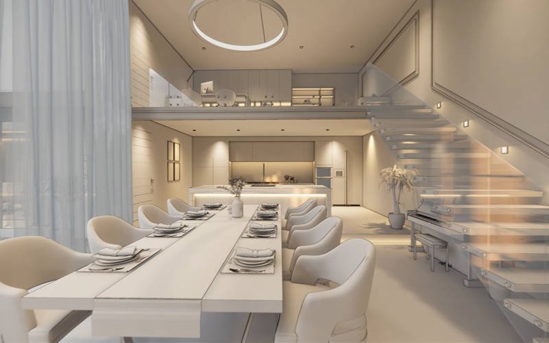 3d rendering. Interior house modern open living space with kitchen.Luxury modern style Duplex apartment residence.Home decoration luxury  interior design.