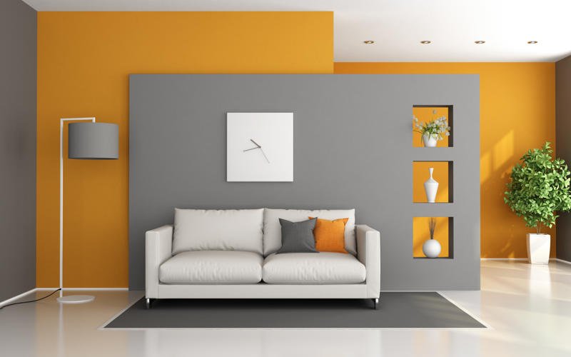 Gray and orange modern lounge with white sofa - 3d rendering