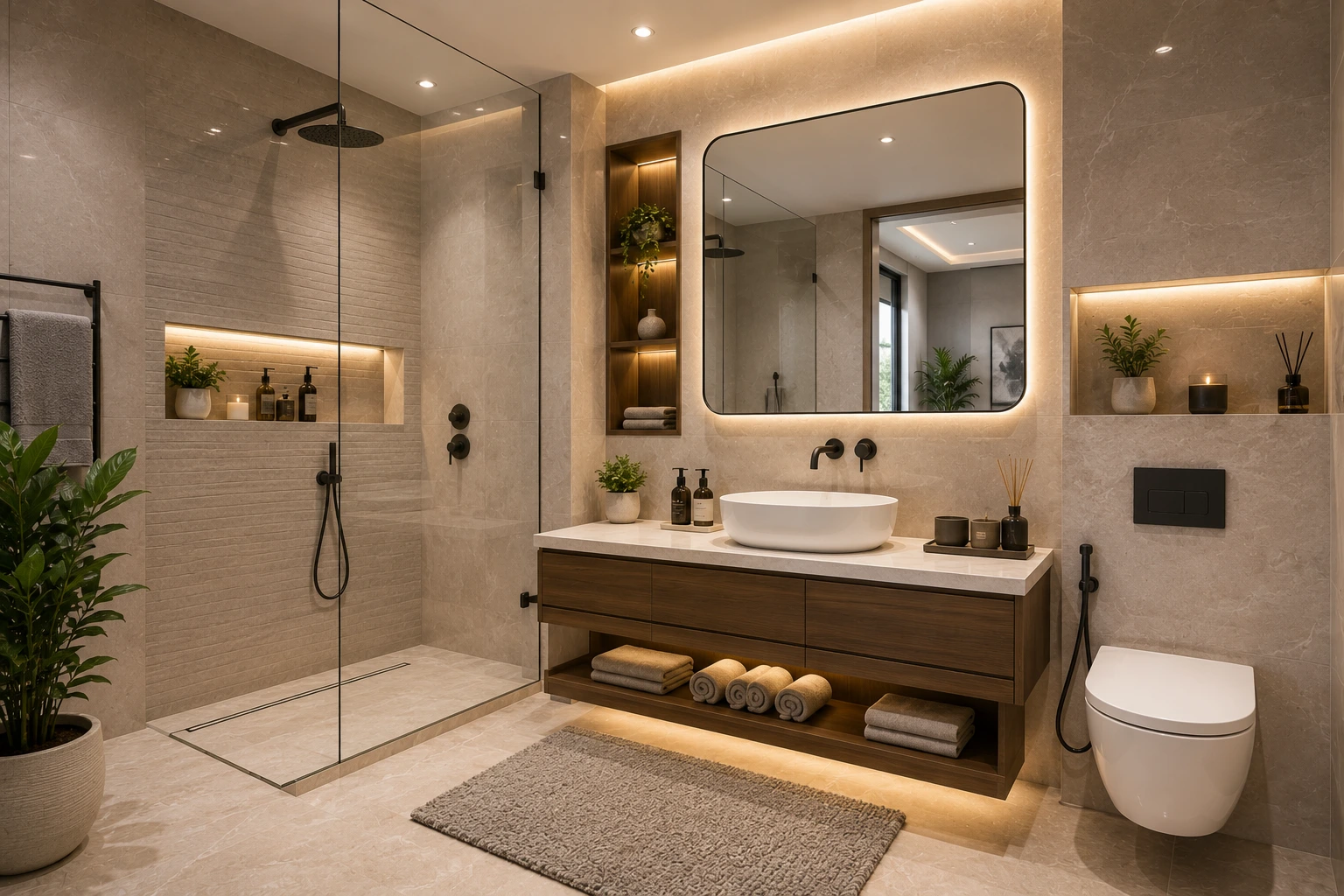 Expert bathroom renovation in Dubai with modern walk-in shower, vanity and premium finishes